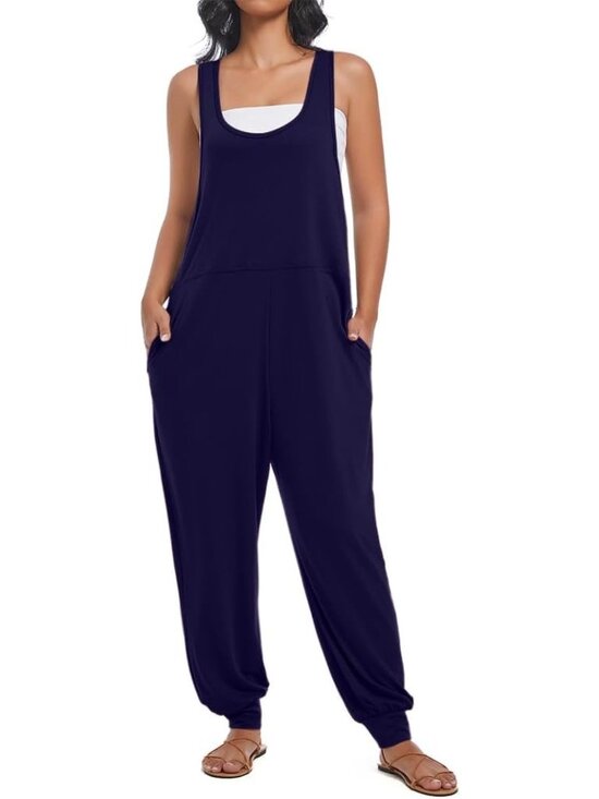 Pants - Women's Dark Blue Casual Loose Jumpsuits Harem Long Pants Sleeveless Romper